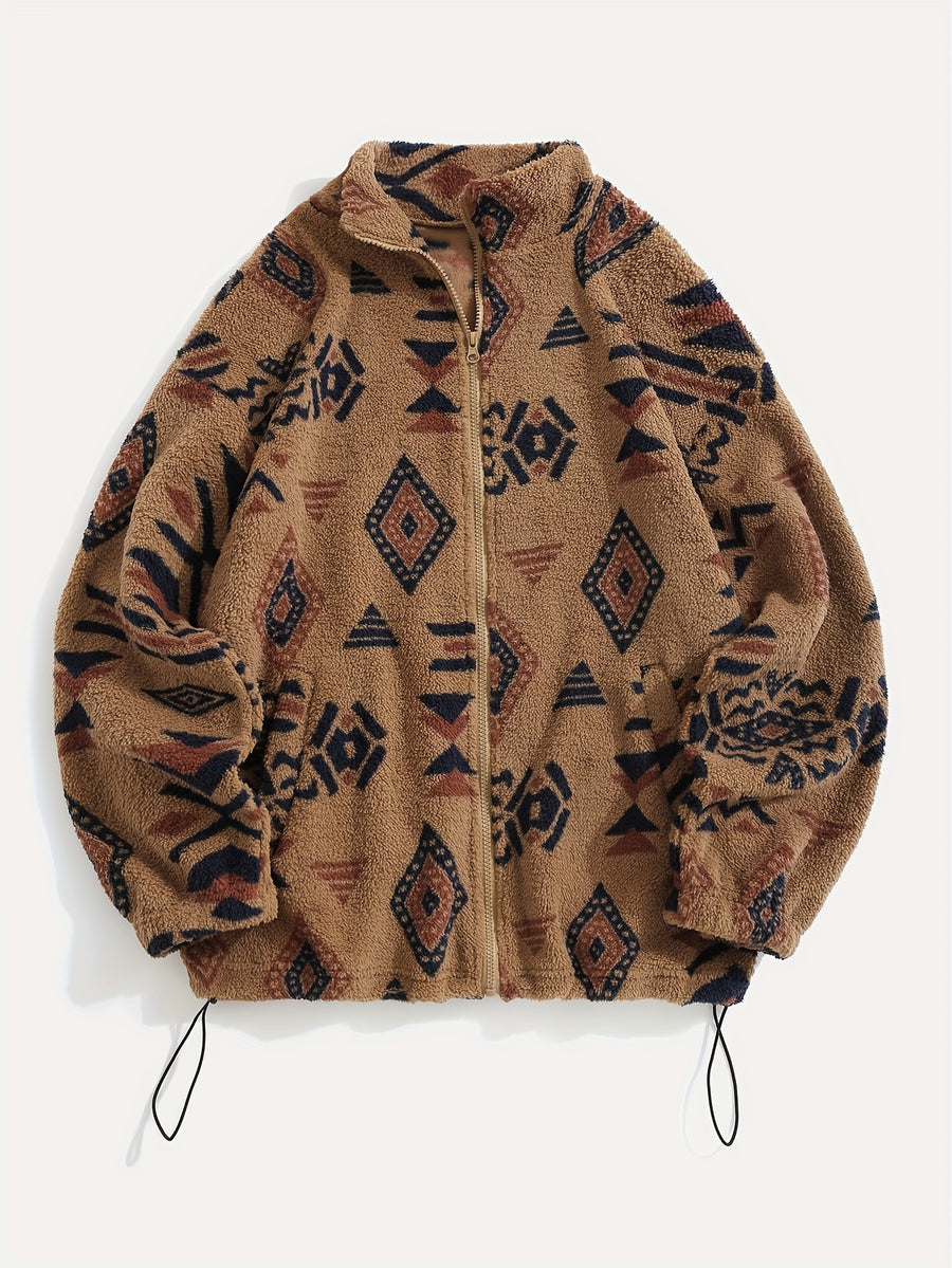 Women's Ethnic Print Microfleece Plush Zip-Up Jacket - Rust