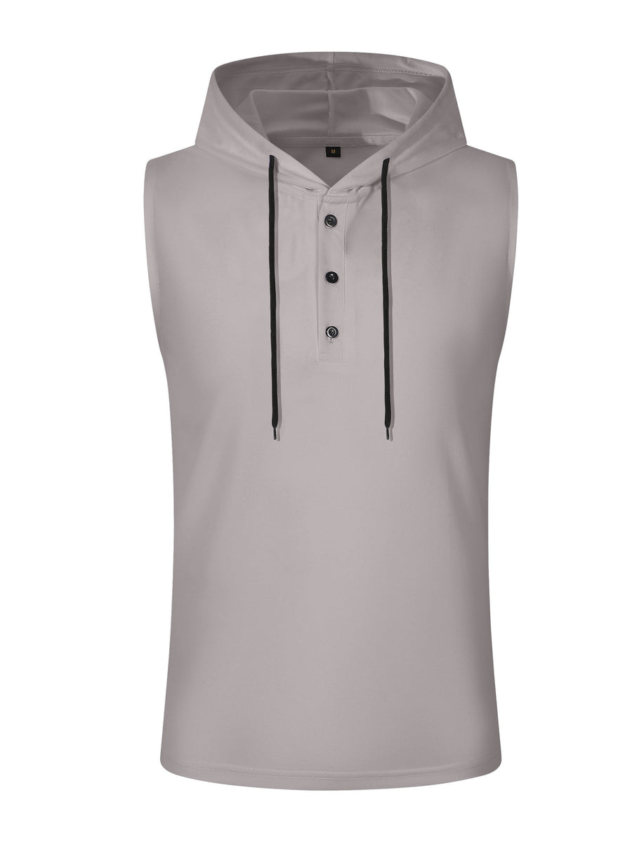 Men's Sleeveless Hooded Henley Shirt - Lightweight, Breathable Polyester | Summer Casual & Sporty Top with Button Detail | Machine Washable - Grey