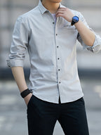 Men'S Casual Shirt, Spring/Autumn Style Linen-Like Collar Long Sleeve Versatile Solid Color Shirt, Minimalist Letter Print on Chest, Slim Fit Slimming Business Casual Top, Youth Daily Commute Versatile Men'S Clothing - Light Grey