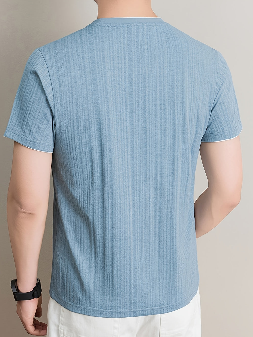 Summer New Men'S T-Shirt, Fashionable Trendy Faux Two-Piece Round Neck Short Sleeve T-Shirt for Men, Business Casual Mid-Age Men'S Solid Color Top, Suitable for Daily Work Scenarios, Men'S Gift - Light Blue