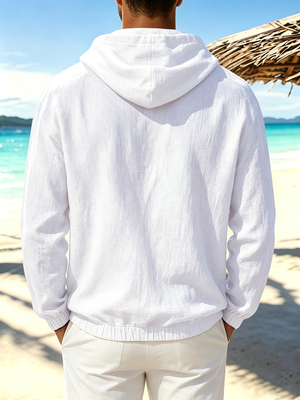 Men'S Spring Autumn New Thin Solid Linen Lightweight Hooded Sweatshirt Casual Commute Outing Fitness Party Street Fashion Athletic Casual Large Pocket Long Sleeve Hooded Top - White