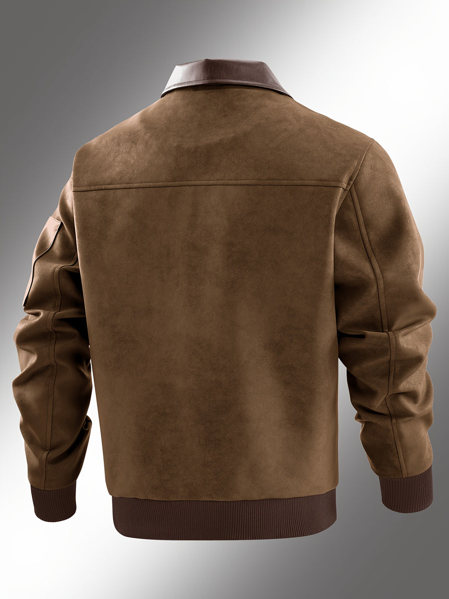 Men'S Color-Block Workwear Pilot Jacket, Lapel Multi-Pocket Zip-Up Autumn And Winter Casual Jacket, Suitable for Daily Work Scenarios - Dark Brown