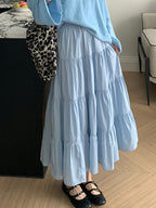 Fashionable Multi-Layered Patchwork French Elegant Solid Color Long Dress Elastic Waist A-Line Design with Lining Anti-Exposure Skirt Women'S - Royal Blue