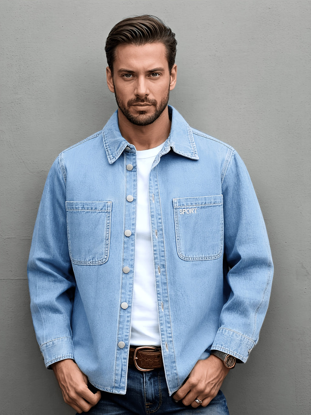 Japanese-style Workwear Non-Stretch Denim Shirt Jacket, Vintage Distressed Loose Fit Versatile Lapel Long Sleeve Top - Sky Blue
