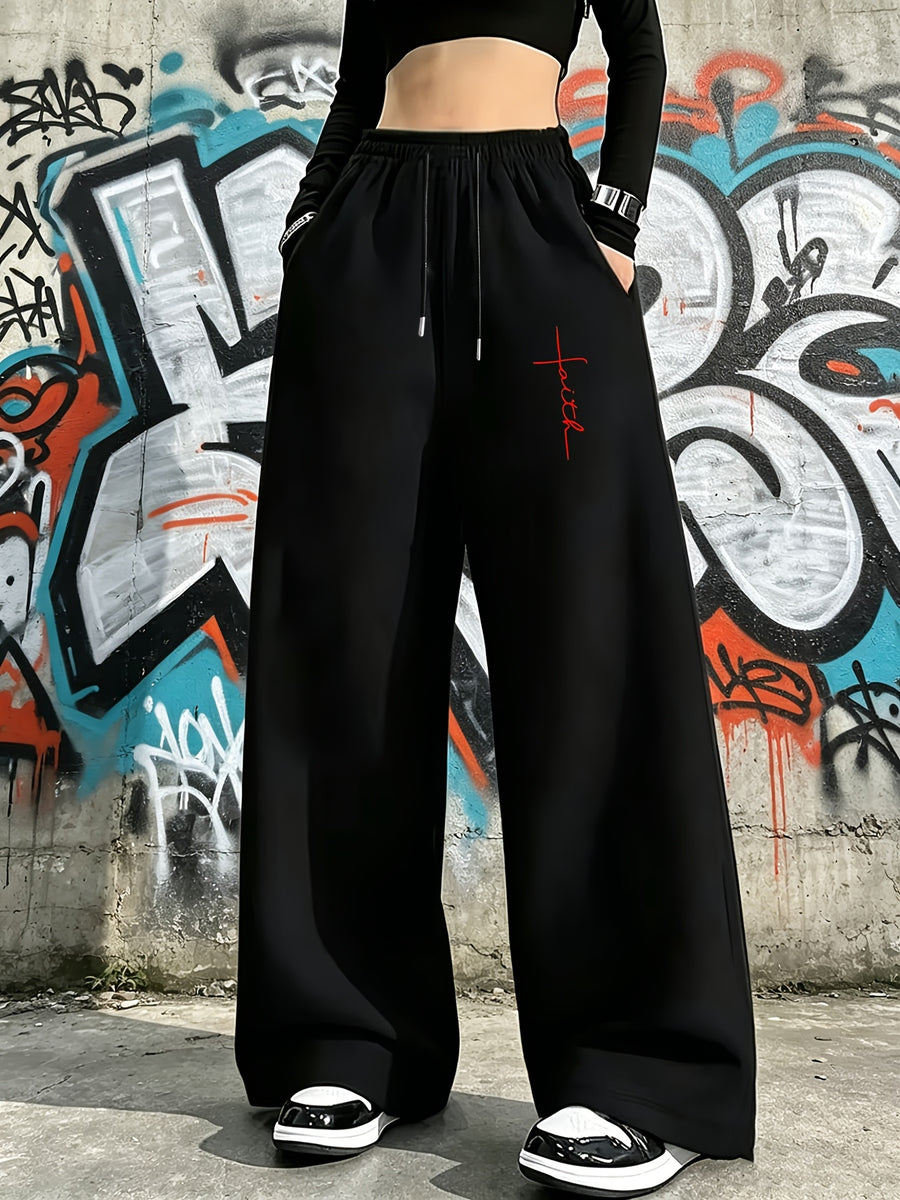 Women'S High-Waist Elastic Cinchable Retro Straight-Leg Pants, Loose Cut, Suitable for Street Casual, Daily Exercise, Fitness Training, And Athletic Wear - Black 1