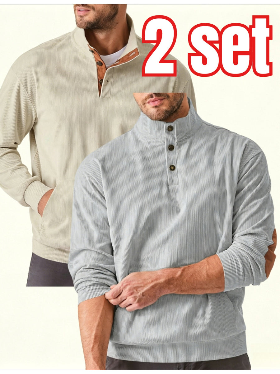 2pcs Men'S Corduroy Half-Button Stand Collar Long Sleeve Pullover Sweater, Contrast Color Button-Front Half-Open, Elbow Contrast Patchwork Decoration, Front Kangaroo Pocket, Ribbed Cuffs And Hem Retro Fashion Sweatshirt - xing+hui