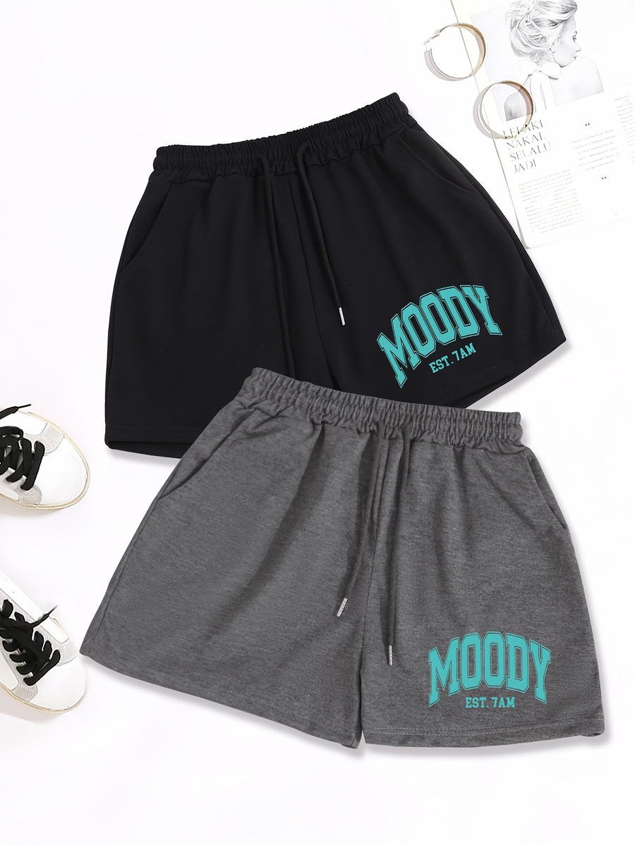 2pcs, Letter Print Drawstring Shorts, Casual Shorts, Women'S Clothing - Black+Dark Grey