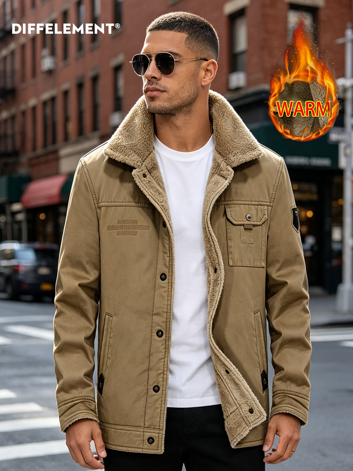 DIFFELEMENT Retro Workwear Style Fleece Thickened Men'S Lapel Work Jacket Lamb Fleece Fleece Lining Single Button Front Closure Cold-Proof Coat Chest Flap Patch Pocket Side Patch Pocket Warm And Cold-Resistant Wearable in Cold Weather Daily And Outd - Khaki