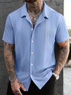 Men'S Solid Color Knitted Short Sleeve Shirt - Light Blue
