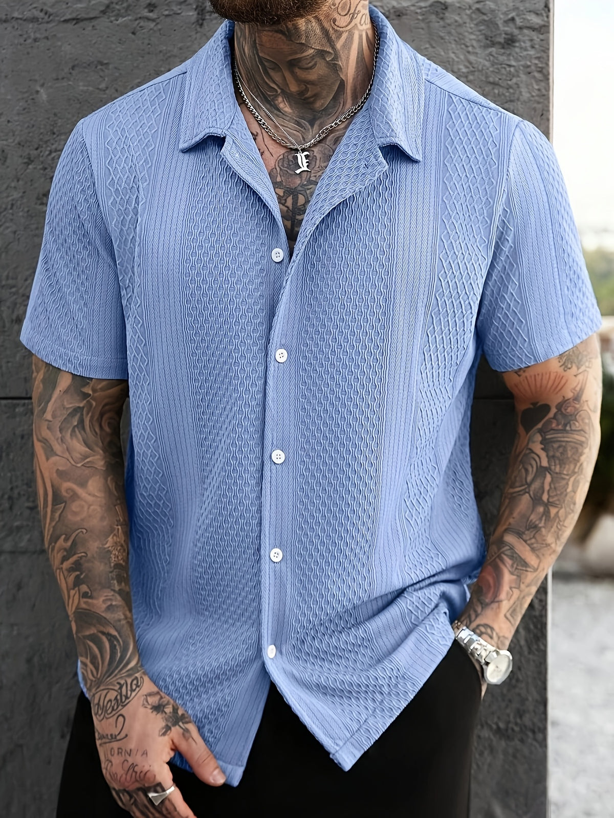 Men'S Solid Color Knitted Short Sleeve Shirt - Light Blue