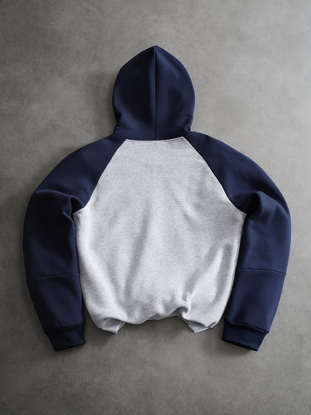Men's Gray Navy Blue Raglan Colorblock Hooded Zip-Up Sweatshirt, Featuring Dual White Contrast Stripes on the Sleeves, Full Zipper Closure with Drawstring Hood and Front Kangaroo Pocket, Ribbed Cuffs and Hem, Loose Drop-shoulder Casual Cardigan Top. - Polychrome
