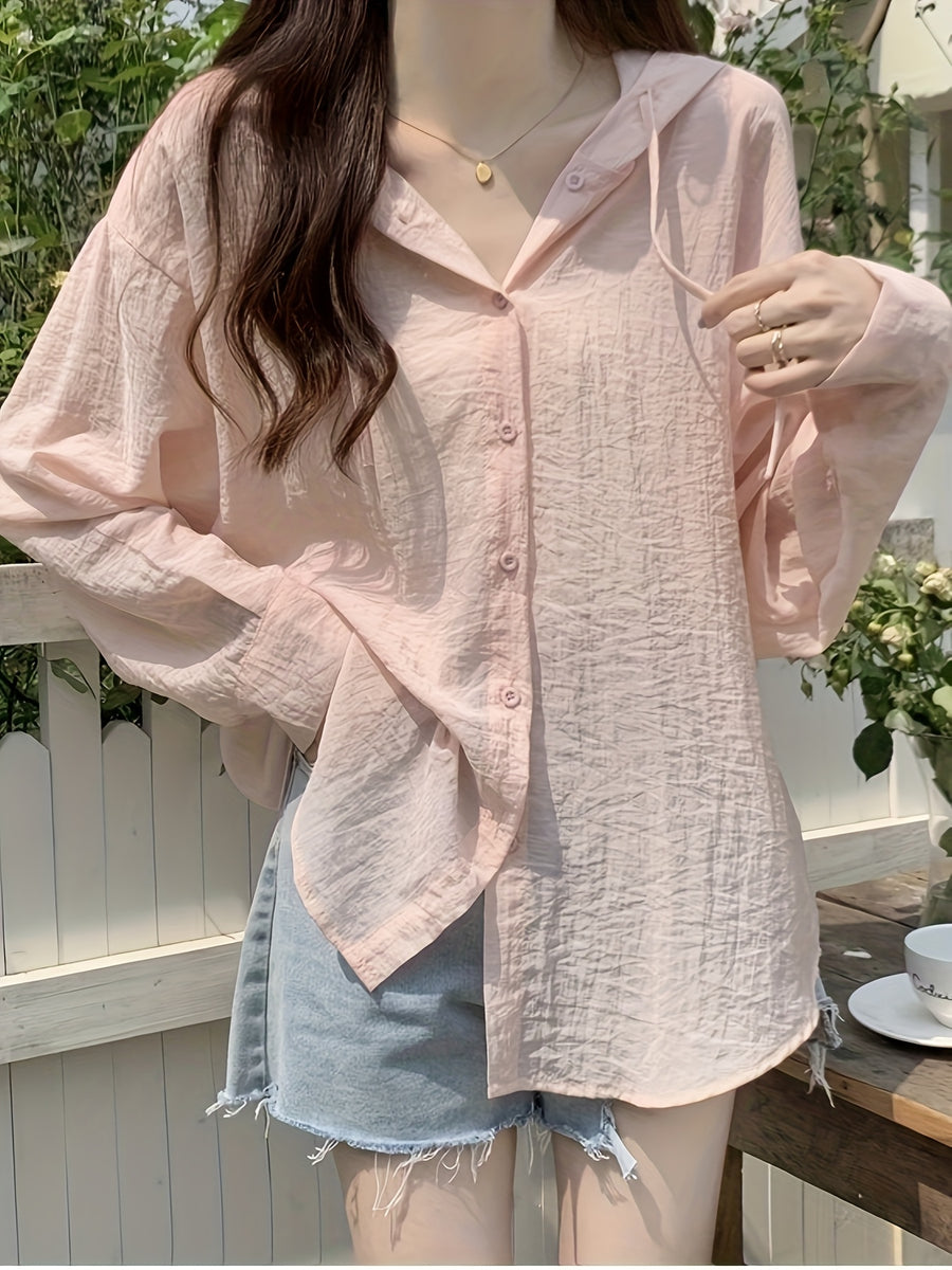 New Summer Women's Hooded Long-Sleeve Shirt, Loose-Fit Lightweight Korean-Style Lazy Chic Outerwear Top/Jacket - Pink