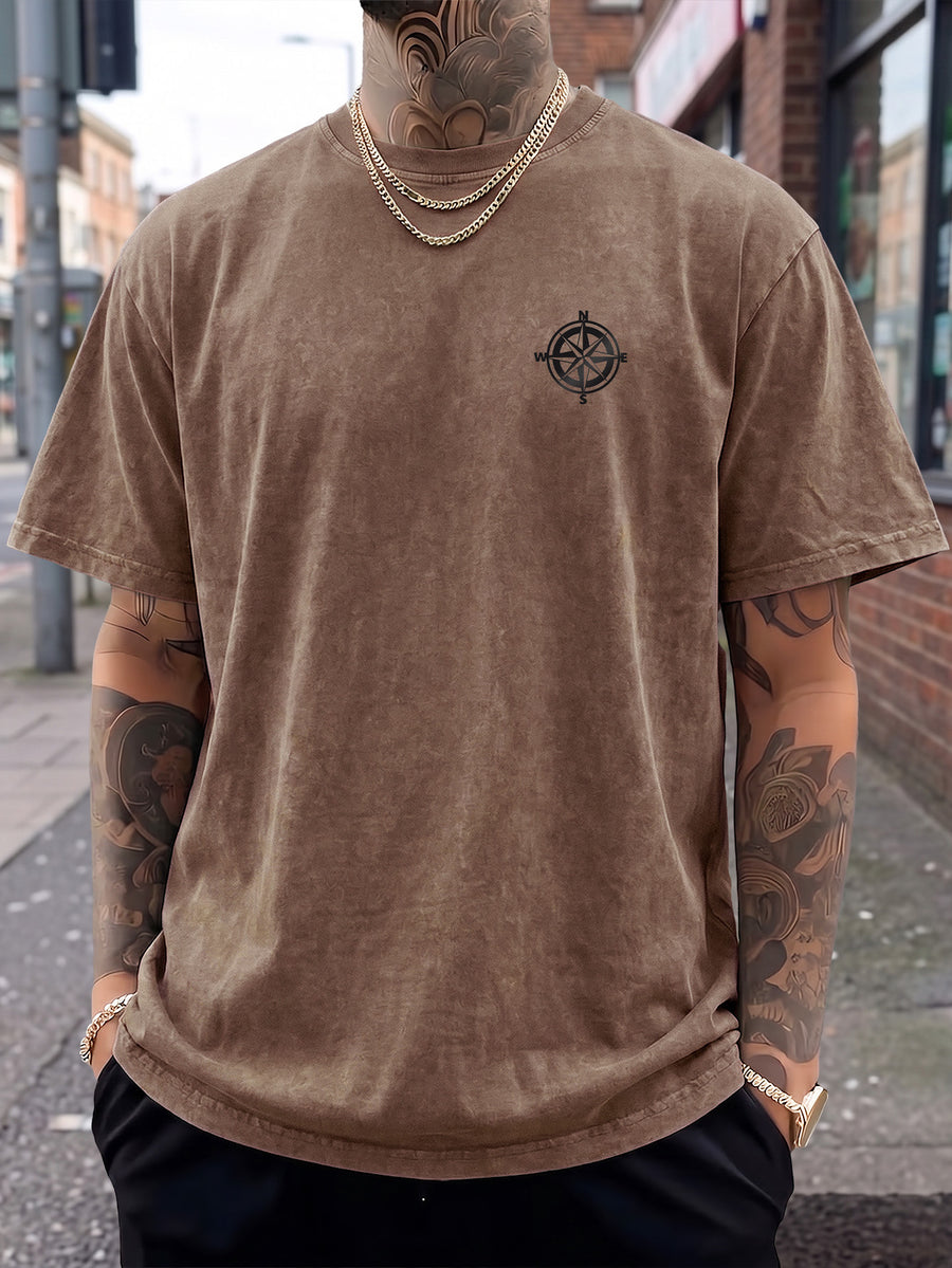 Short Sleeve T-Shirt, Half-Sleeve Top, Pure Cotton Washed Distressed Loose Fit, Compass Print, Multiple Colors for Mix and Match, American Streetwear, Chinese National Trend, High Street, Hip-Hop, Y2K Style, Daily Streetwear, Sports - Brown
