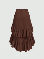 New Fashion Asymmetrical Pleated Hem Design Multi-layered Women's Skirt - Brown