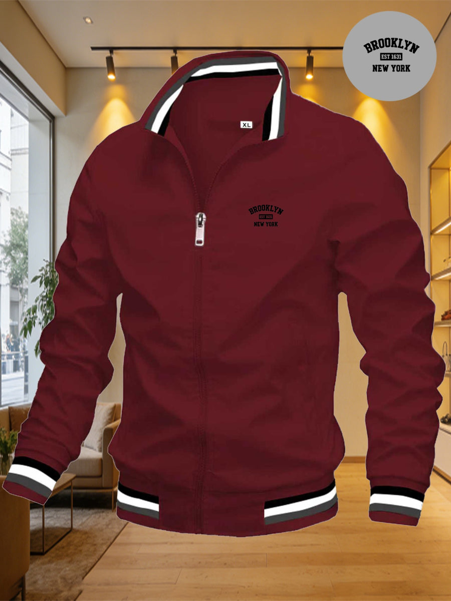 Lightweight Windproof Casual Coat with a Vintage Baseball Collar for Men, Inspired by Brooklyn, New York - Burgundy