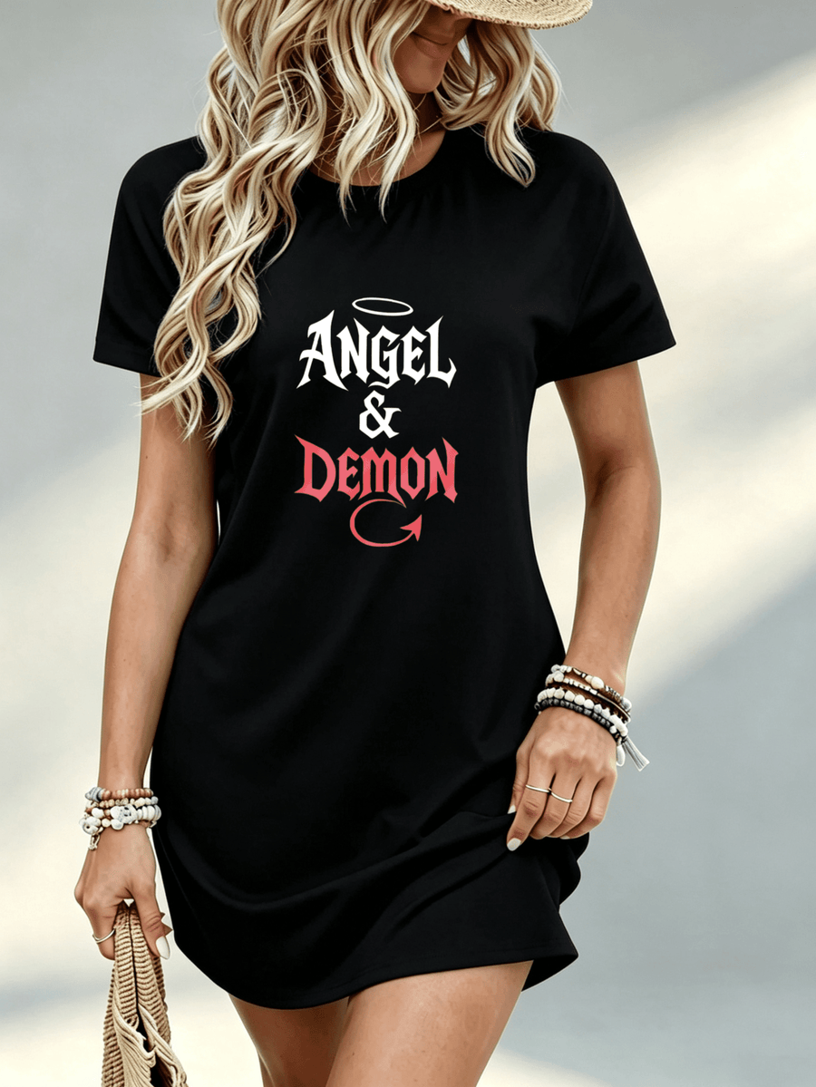 Printed Design Not Textured, Casual Women Dress, Angel And Demon Graphic Print, Beach Vacation, Gift for Girlfriend - Black