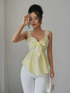 New Women's Lace Strap Camisole Top, Elegant Top, Spring/Summer New Ruffled Hem Stretch Waist Elegant Shirt, Women's Summer Top, Elegant and High-End (zzy Spring/Summer) - 【Light Yellow】