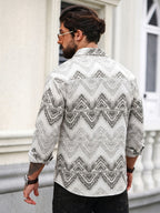 2026 Autumn New Men'S Retro Tribal Jacquard Print Long Sleeve Button-Up Shirt, Lightweight Loose Casual Top, Perfect for Halloween Parties, Thanksgiving Family Gatherings, Christmas Holiday Travel, And Casual Wear - Light Grey