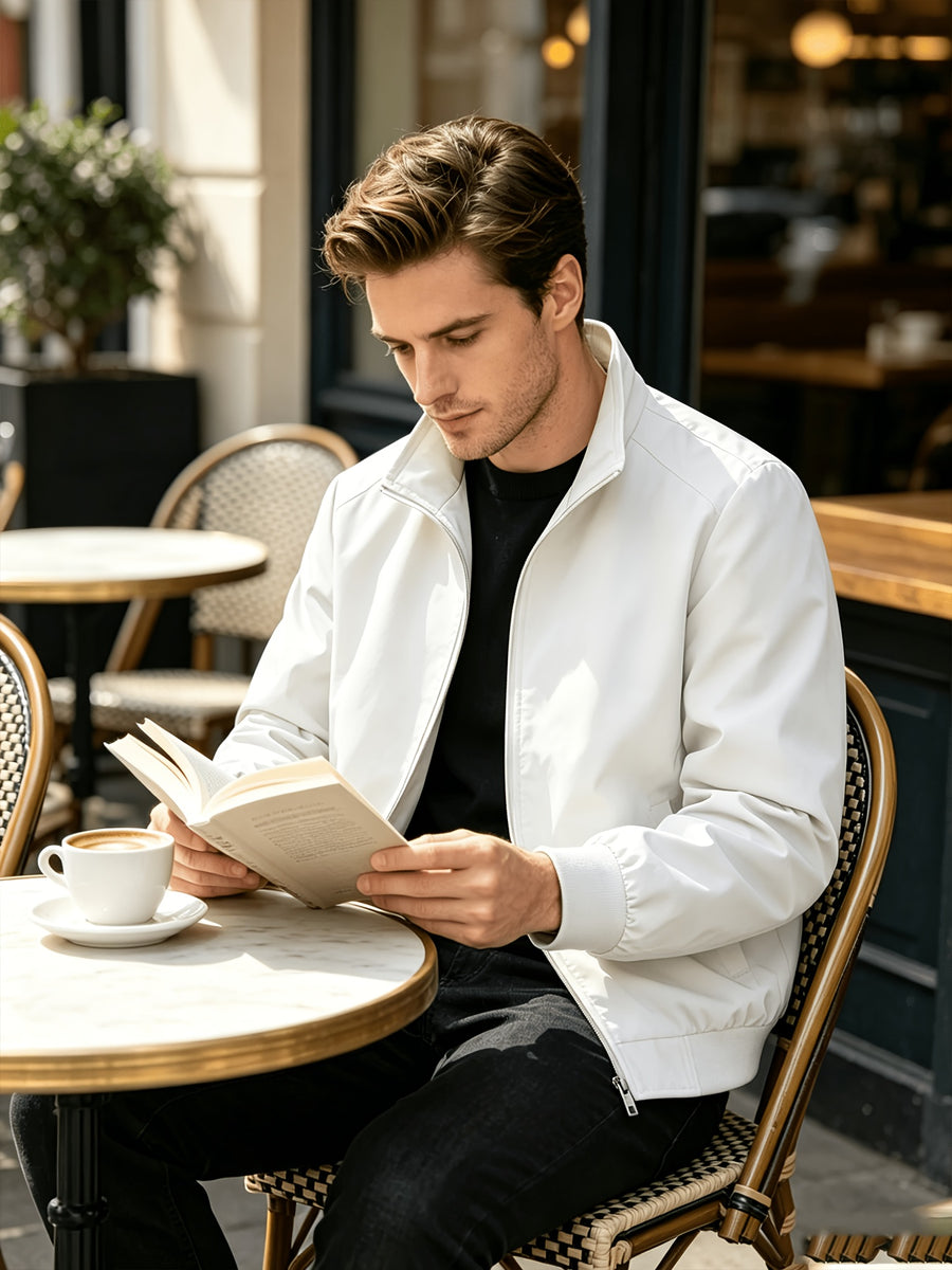 New Autumn High-end Stand Collar Top American Trend Casual Jacket Men's Wear - White
