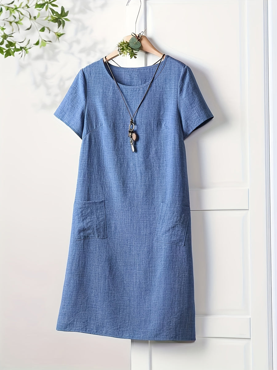 Women's Short-Sleeve Dress with Functional Pockets - Straight-Cut -Line Mid-Length Dress, Loose Fit Round Neck Short Sleeve Dress Suitable for Spring Summer Fall, Casual to Semi-Formal Wear, Machine Washable Solid Color Dress - Blue