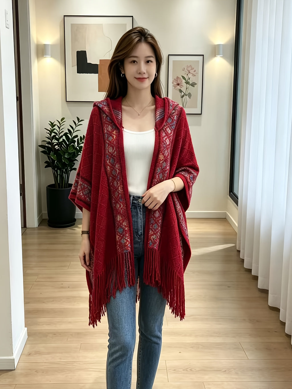 Women Vintage Ethnic Jacquard Hooded Fringe Poncho Shawl Open Front Cardigan Coat, Loose Batwing Sleeve Outer Cover Up Tops - Red