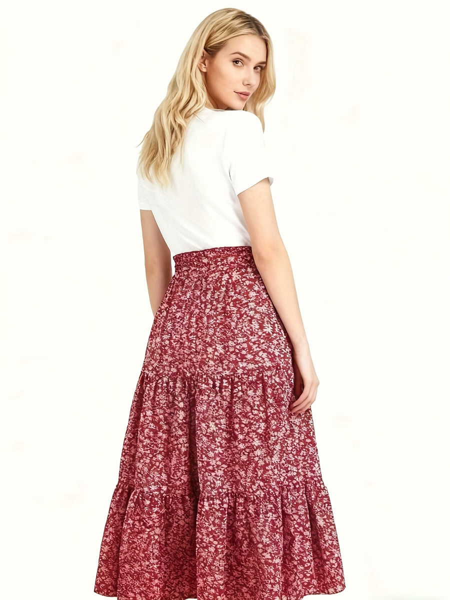 A Women's Red Floral Print Midi Skirt with High Waist and Ruffled Flared Hem, French-style Vintage Resort-style Midi Skirt, Vintage Red Floral Cake Skirt, Ruffled A-line Skirt with Patchwork, a Midi Skirt for Commuting and Casual Wear, a Red Floral - Red