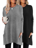 Women'S Fashion Long Sleeve Top And T-Shirt 2pcs Set, Elegant Comfortable Pocket Basic Shirt Loose Casual Round Neck Long Sleeve T-Shirt - Mixed colors