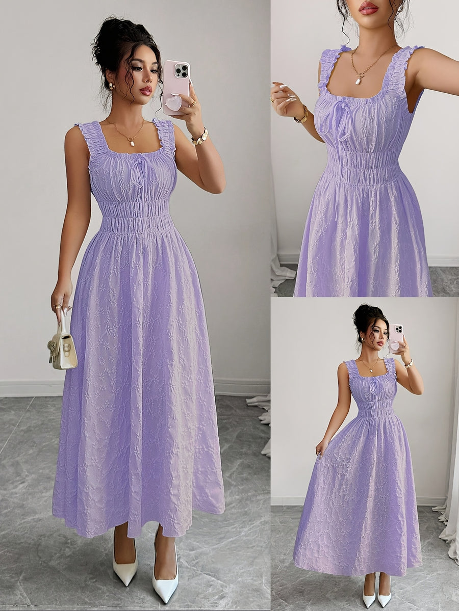 New Women's Textured Floral Fabric, Spaghetti Strap with Bow Waist Design - Elegant and Versatile Women's Dress - Elegant Party Wear, Date Night, 1pc, Buen Fin Shopping Festival, New Year's Daily Wear, Parties, Wedding Night, Stylish and Versatile - Purple
