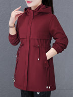 Women'S Fall Winter Fleece-Lined Thick Trench Coat, Warm Top Outerwear for Autumn Winter Season, Drawstring Waist Design, Elastic Windproof Cuffs, Easy Comfortable Lightweight Coat - Burgundy