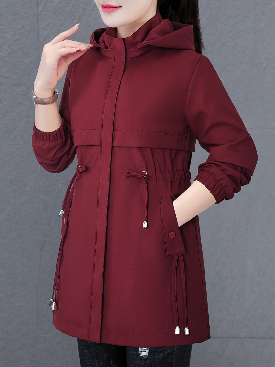 Women'S Fall Winter Fleece-Lined Thick Trench Coat, Warm Top Outerwear for Autumn Winter Season, Drawstring Waist Design, Elastic Windproof Cuffs, Easy Comfortable Lightweight Coat - Burgundy