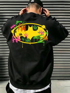 Official Warner Bros. Men's Fashion Trend Loose Fit Crew Neck Sweatshirt, Batman Joker HA Graffiti Ink Splatter Bat Logo Print Design, Versatile Long Sleeve Crew Neck Sweatshirt for Sports, Leisure, Commuting, Spring, Autumn, and Winter - Black