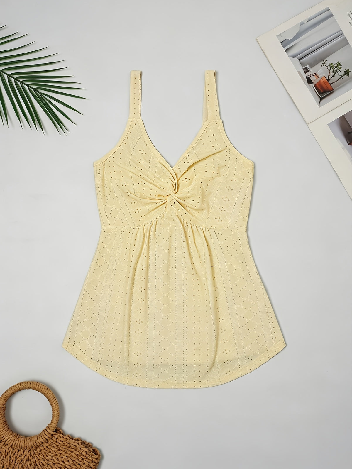 Western-style Women's Top with a Twisted Knot Design on the Chest, Made of Textured Lace Jacquard Fabric. A Spring/summer Beach, Outing, Date, or Vacation Shirt. "European Users Are Advised to Purchase One Size Smaller." - Yellow