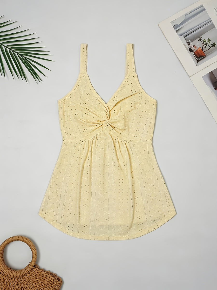 Western-style Women's Top with a Twisted Knot Design on the Chest, Made of Textured Lace Jacquard Fabric. A Spring/summer Beach, Outing, Date, or Vacation Shirt. "European Users Are Advised to Purchase One Size Smaller." - Yellow