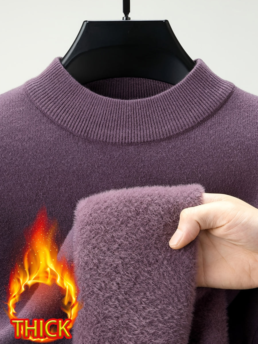 Men's Half-Turtleneck -Lined Thickened Warm Sweater, Featuring a Classic Half-turtleneck Design That Fits Snugly Around the Neck for Wind Protection and Warmth. Solid Color, Simple and Versatile, Suitable for Both Commuting and Daily Wear - Grape Purple