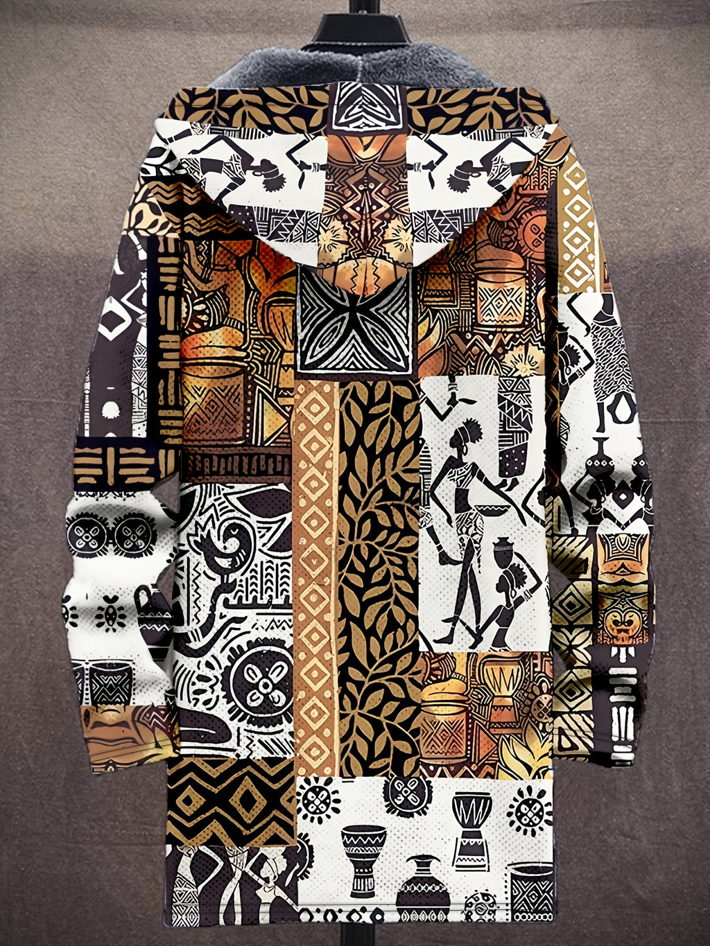 Retro Ethnic Art Pattern 3D Print Fashion Men'S Plush Thick Long-Sleeved Cardigan Coat Winter Warm Zipper Hooded Coat, Casual, Regular Fit, Daily, Geometric Print - Dark Brown