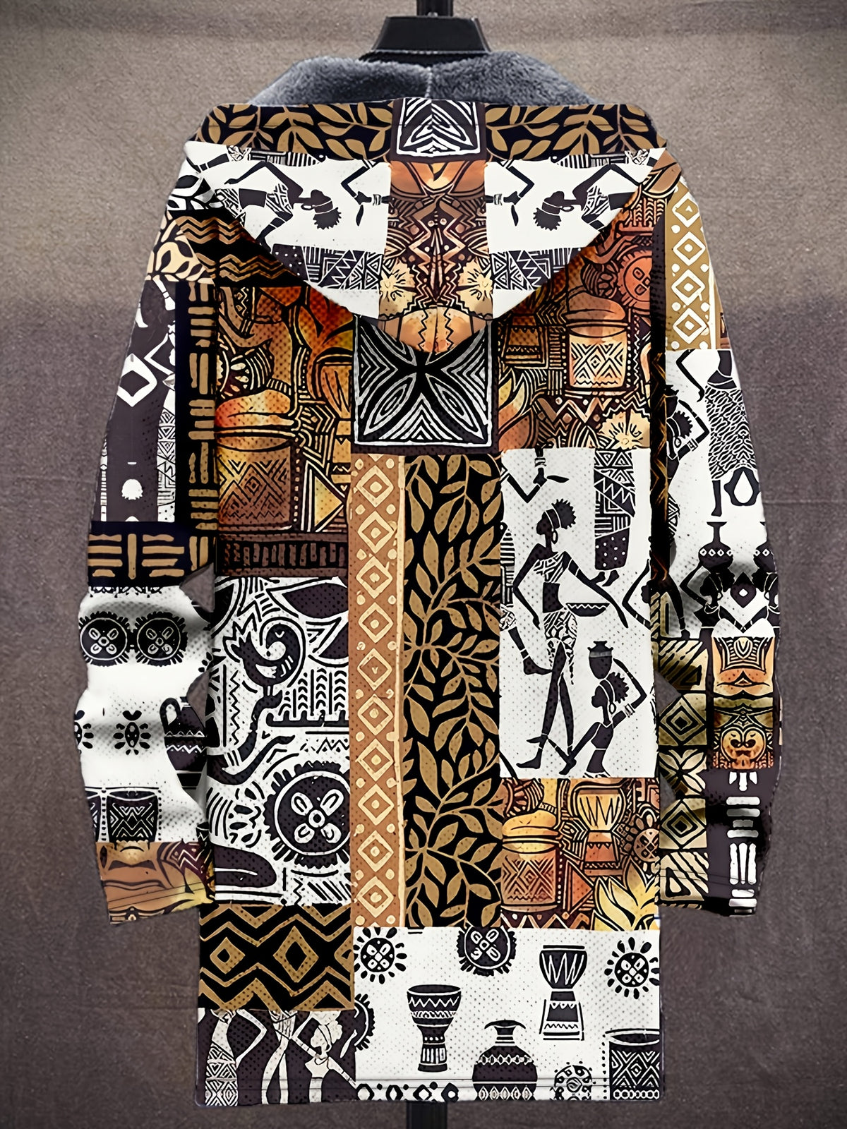 Retro Ethnic Art Pattern 3D Print Fashion Men'S Plush Thick Long-Sleeved Cardigan Coat Winter Warm Zipper Hooded Coat, Casual, Regular Fit, Daily, Geometric Print - Dark Brown