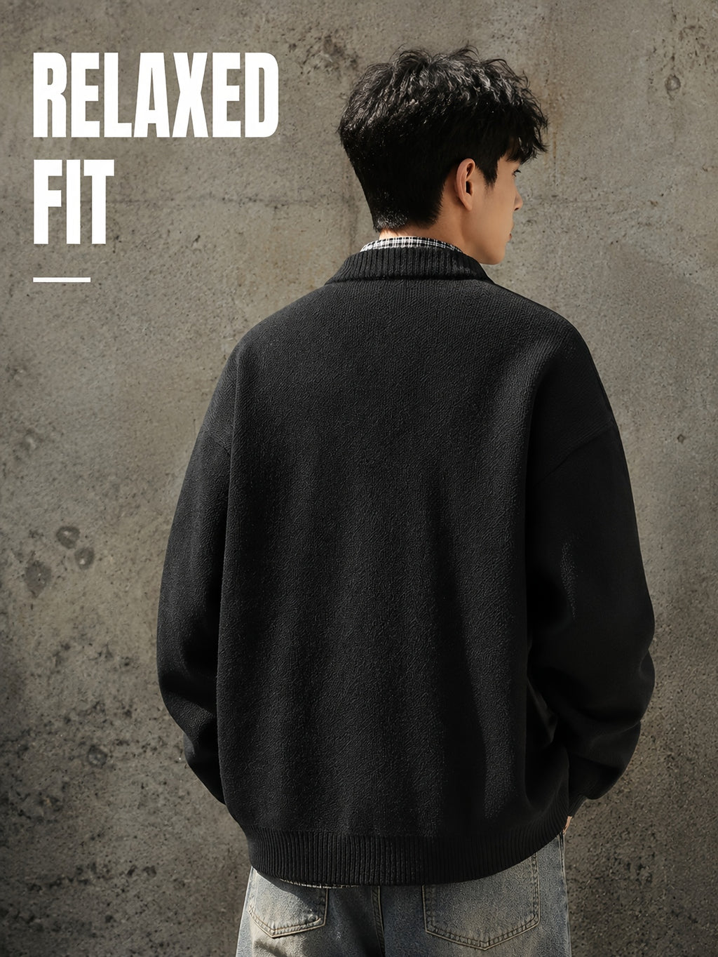 Daily Deal 1pc Men's Knit Cardigan with Baseball Collar, Plaid Trim, Button-Front, Small Label Decor, Urban Street Style, Spring & Fall Loose Fit Daily Sweater Outerwear - Black