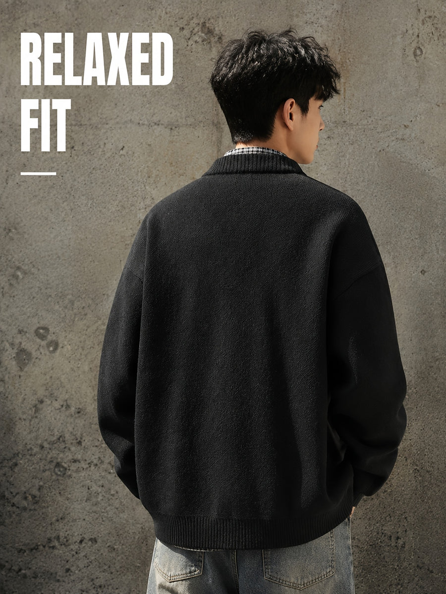 Daily Deal 1pc Men's Knit Cardigan with Baseball Collar, Plaid Trim, Button-Front, Small Label Decor, Urban Street Style, Spring & Fall Loose Fit Daily Sweater Outerwear - Black