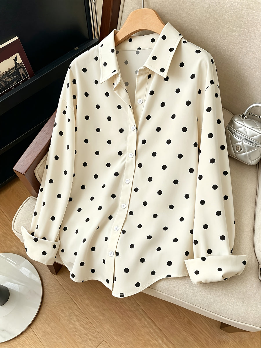 Women'S Y2K Retro Casual Loose Long Sleeve Button-Up Polka Dot Printed Lapel Shirt, Elegant Vintage Casual Style Suitable for Outdoor Leisure Walking Shopping Wear ZD260604061 - Multicolor
