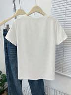 Plus Size, Plus Size Summer New Arrival Minimalist Style White T-Shirt with Calvin Letter Print, Loose Fit, Figure-Flattering, Round Neck, Short Sleeve Top - White