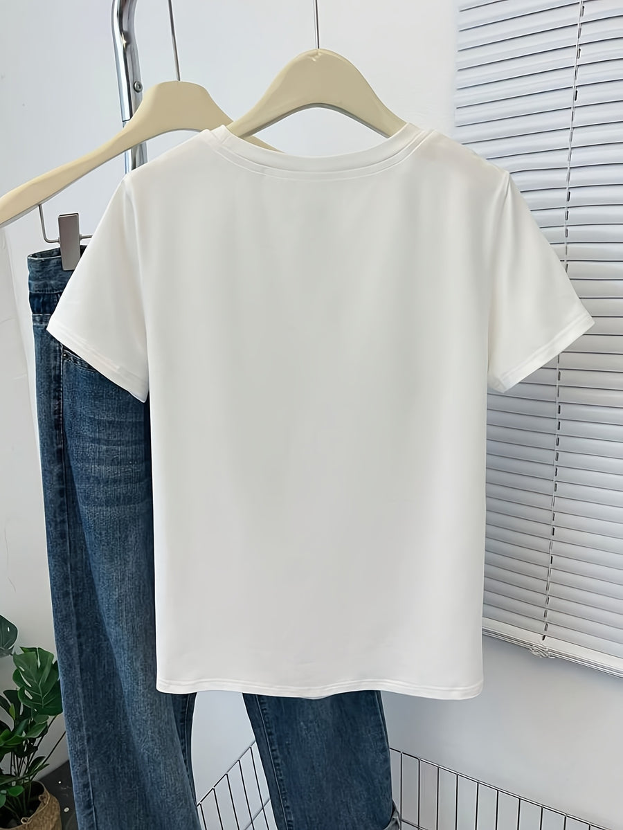 Plus Size, Plus Size Summer New Arrival Minimalist Style White T-Shirt with Calvin Letter Print, Loose Fit, Figure-Flattering, Round Neck, Short Sleeve Top - White