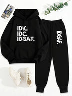 FLS1001WI4 Sweater Plus Velvet European and American Women's Autumn and Winter Women's Personality Print Casual Two-piece Hooded Women's Suit - Black
