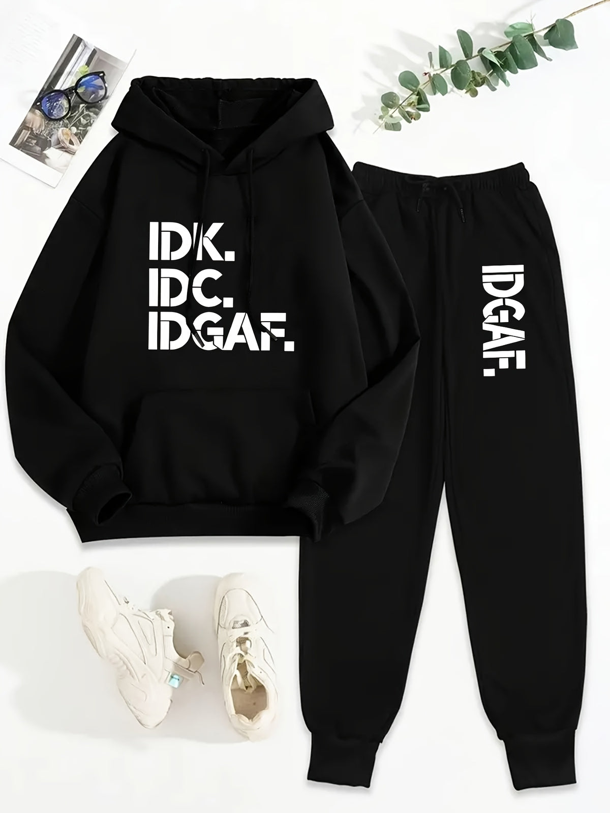 FLS1001WI4 Sweater Plus Velvet European and American Women's Autumn and Winter Women's Personality Print Casual Two-piece Hooded Women's Suit - Black
