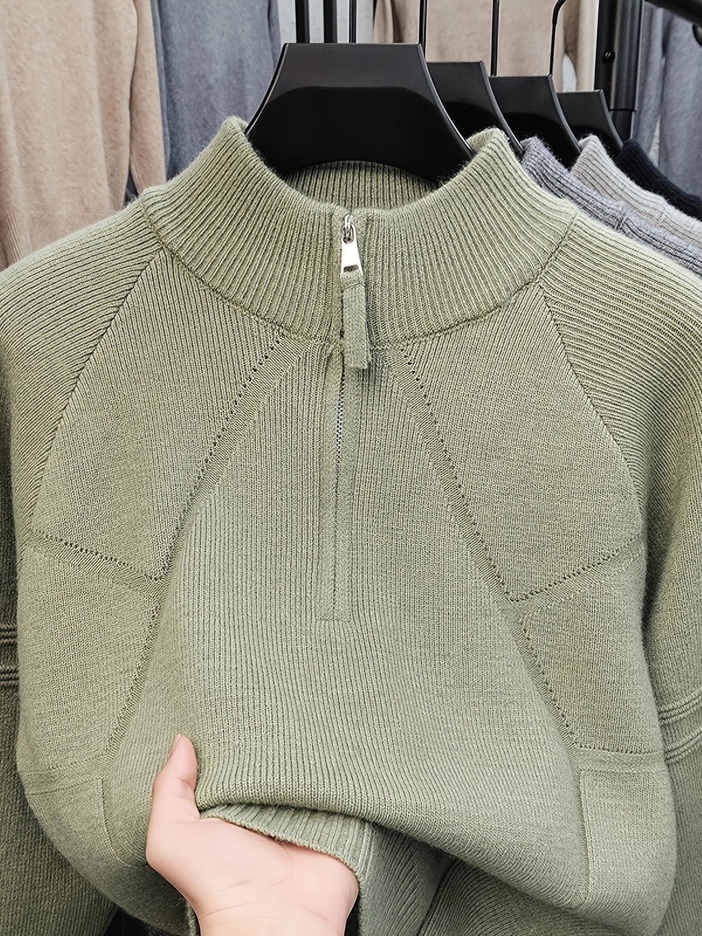 Men's Autumn/Winter Half-Zip Stand Collar Sweatshirt, Stylish and Versatile for a Well-Put- Together Look - Matcha Color
