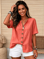 Women'S Shirt, Button-Design, Solid Color, Casual Daily Wear, Short Sleeve V-Neck, Regular Style Top, Suitable for Spring, Summer, And Autumn - Red