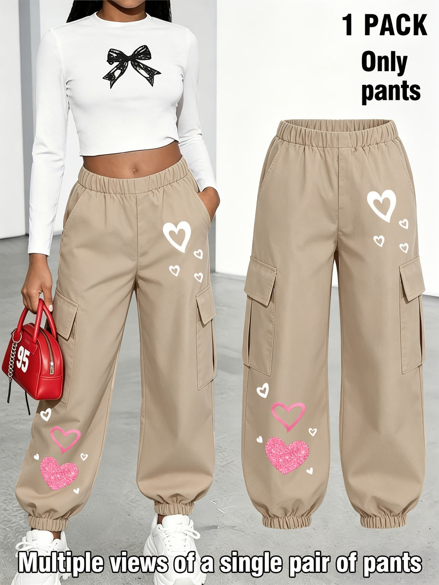 New Arrival - Women's Cargo Pants Sold Individually, Cute and Fun Heart Print Work Pants with Multiple Pockets, Cargo Pants Style, Long Pants for Fashionable Aged 18-25, Machine Washable, Durable Fabric - Suitable for Spring and Summer - Khaki