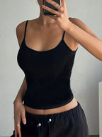Elegant and Fashionable Classic Solid Color Sleeveless Spaghetti Strap Tank Top, Versatile Design with Sexy Backless Cut, Soft Fabric for Inner or Outer Wear. Ideal for Layering and Suitable for Various Occasions - Black