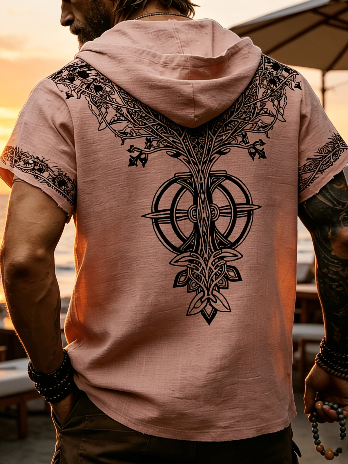 Western Retro Men'S Hooded Short Sleeve Shirt Thin Breathable Totem Print Half-Button Loose Casual Beach Vacation Men'S Clothing - Pink Color