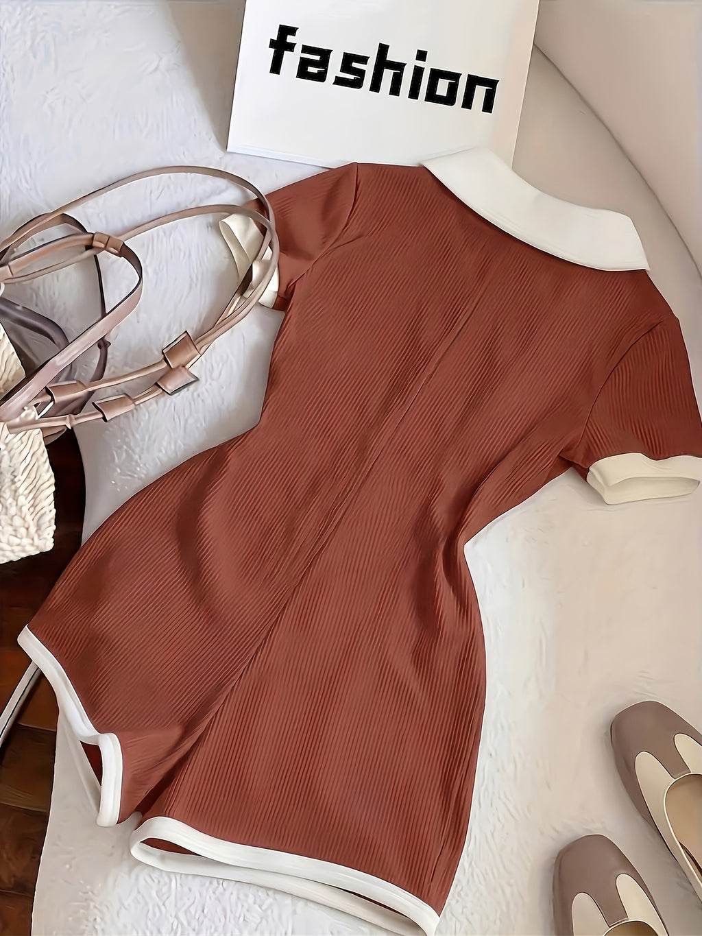 1 Piece of Color-blocked Elegant Slim-fit Lapel Mini Jumpsuit with White Trim, a for Back-to- Season and Daily Wear - Brick Red