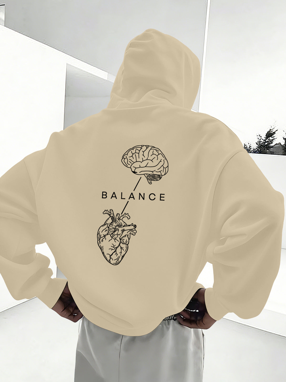 Minimalist Trendy Unisex Hoodie with Brain And Heart Balance Print - Apricot